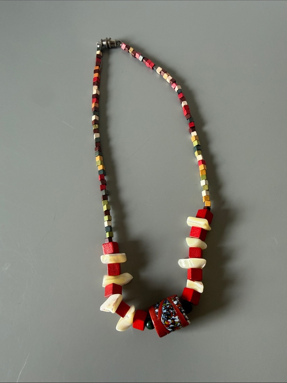 Red Multi-Bead Statement Necklace with Shell Accents
